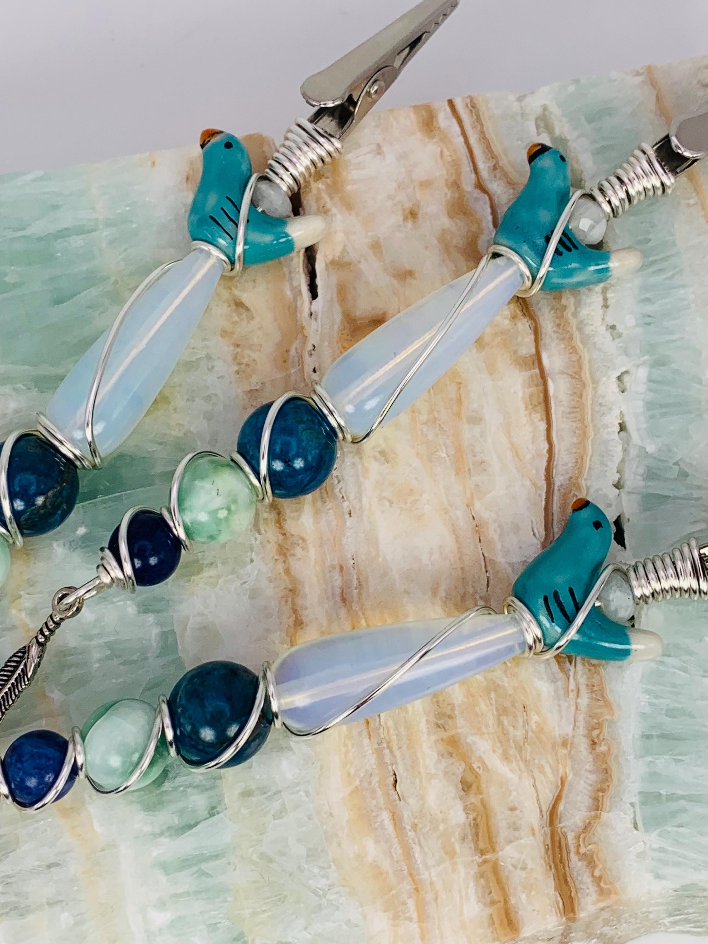 Blue Crystals birdy smoke clip, Moonstone, Opalite, Blue Apatite, Green Moonstone, Sodalite, Smoking clip, Wire wrapped, handmade, rituals