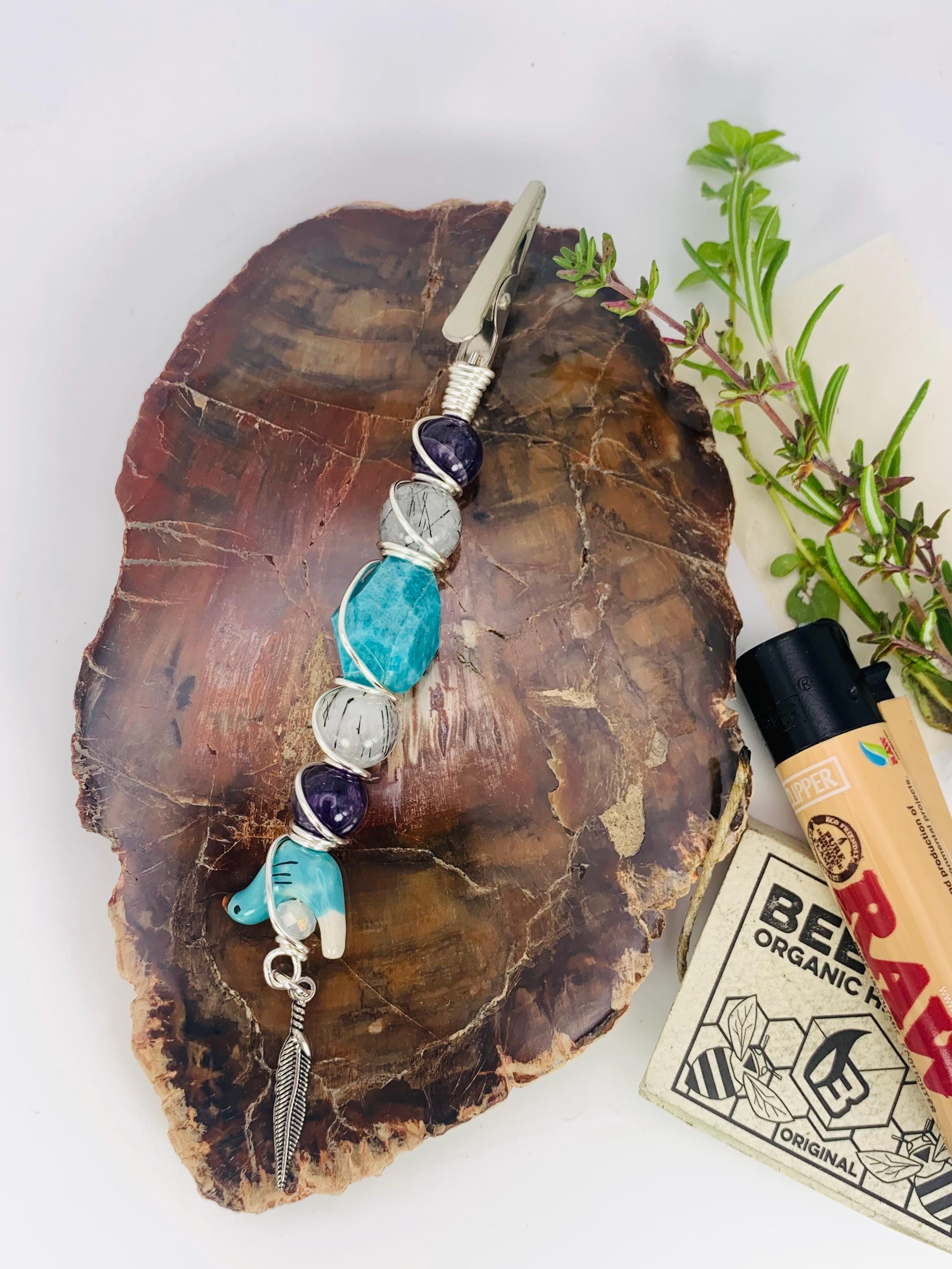 Crystal Smoke Clip; Amazonite, Rutilated Quartz, Amethyst, ceramic Bird, Feather charm, Silver wire