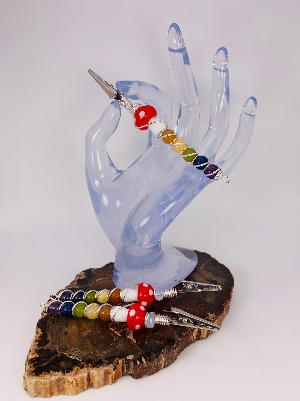 Crystal Rainbow Mushroom Smoke Clip; Opalite, Orange Aventurine, Yellow Jade, Green Jade, Sodalite, Amethyst