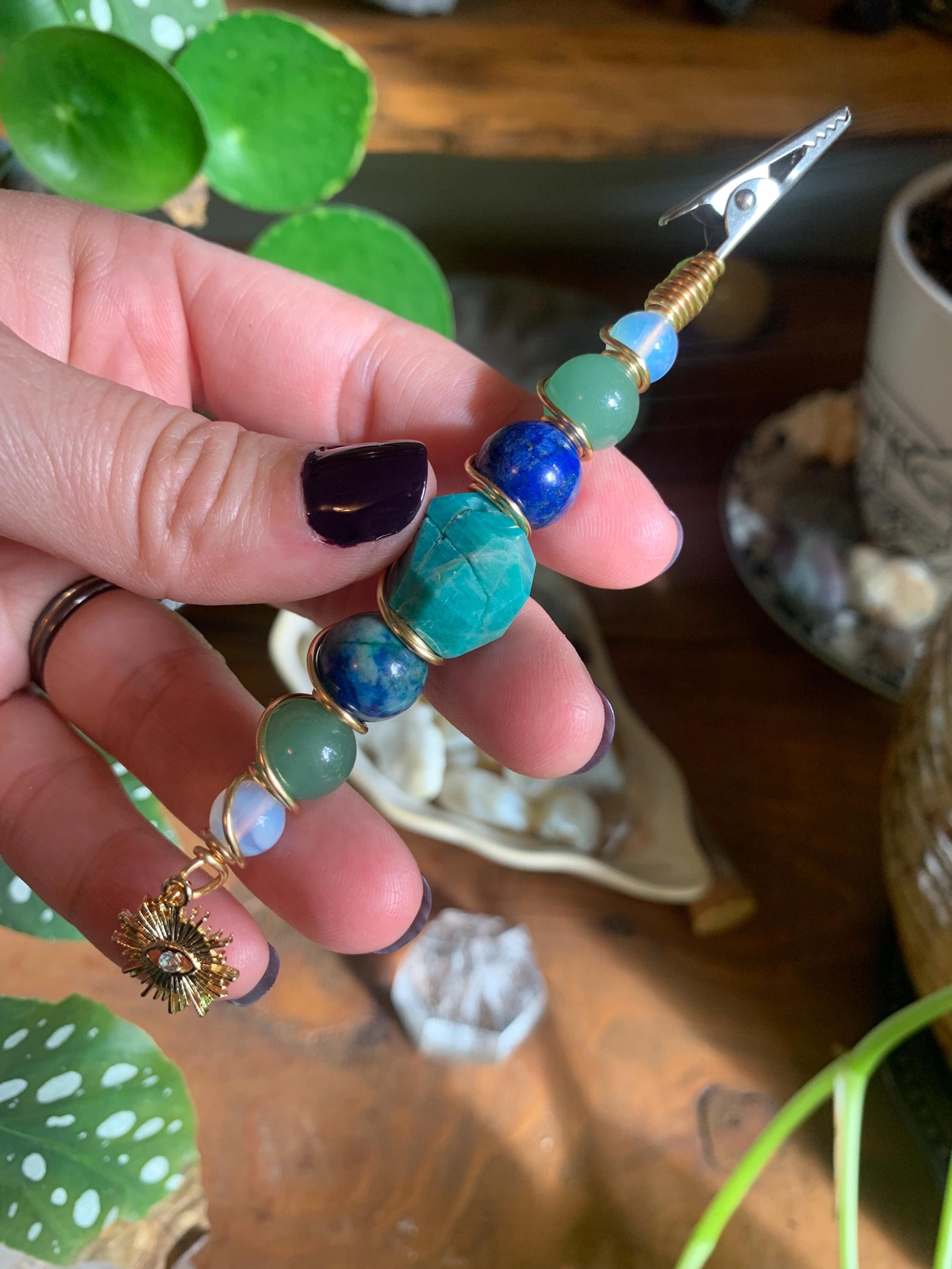 Amazonite, Chrysocolla, Green Aventurine, Opalite, Gold Wire, Evil Eye, Sun charm, wire wrapped, smoke clip, smoking accessory, metaphysical