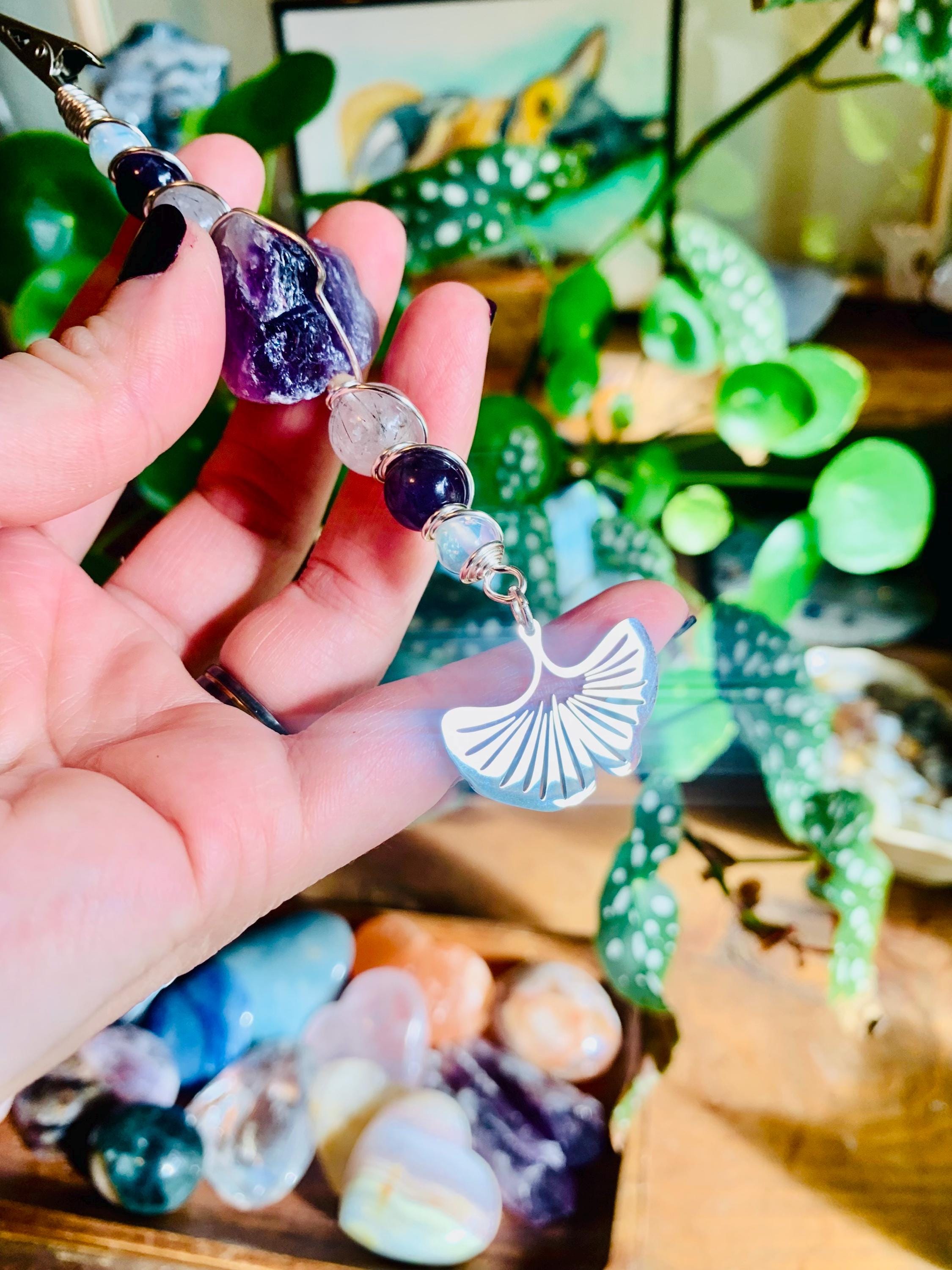 Smoke Clip Raw Amethyst, Tourmalinated Quartz, Opalite, Ginkgo leaf