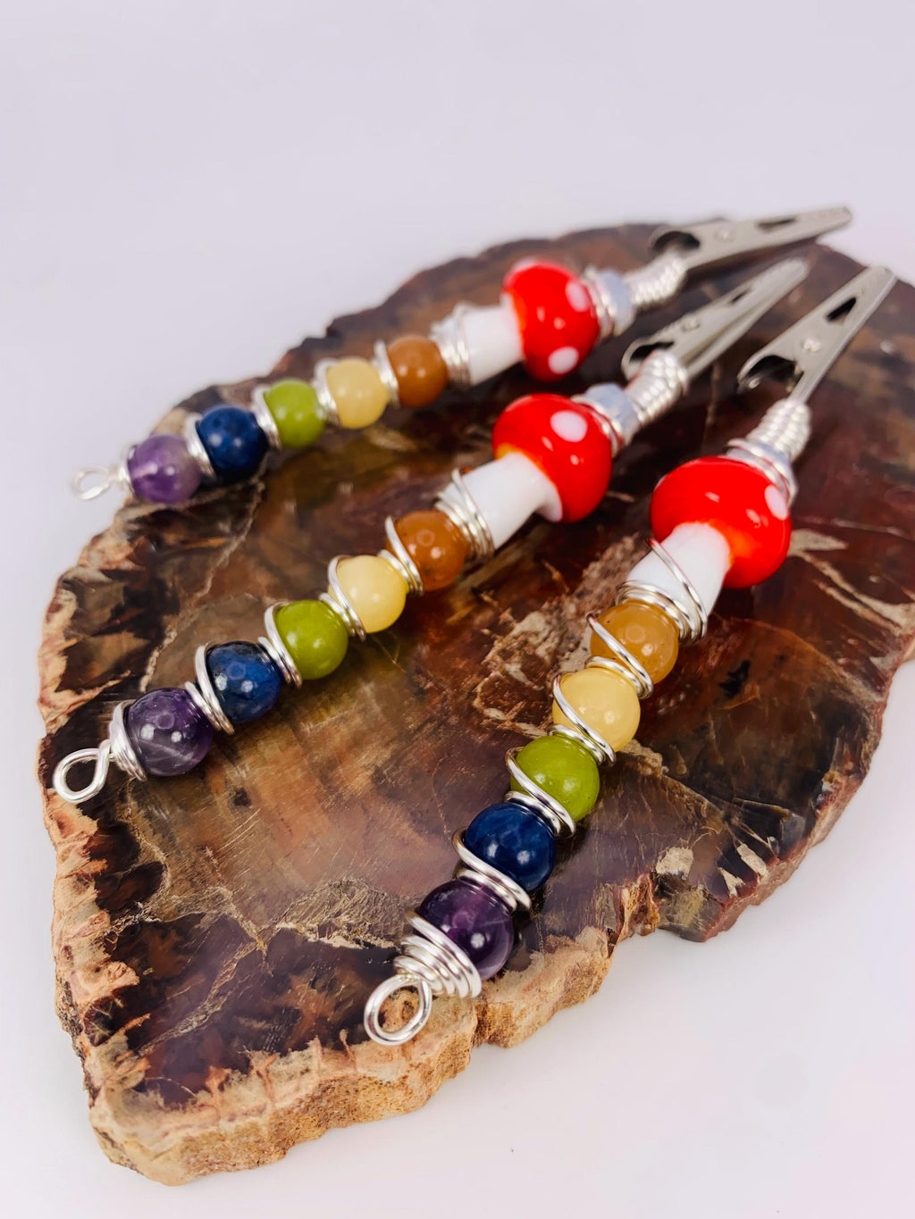 Crystal Rainbow Mushroom Smoke Clip; Opalite, Orange Aventurine, Yellow Jade, Green Jade, Sodalite, Amethyst