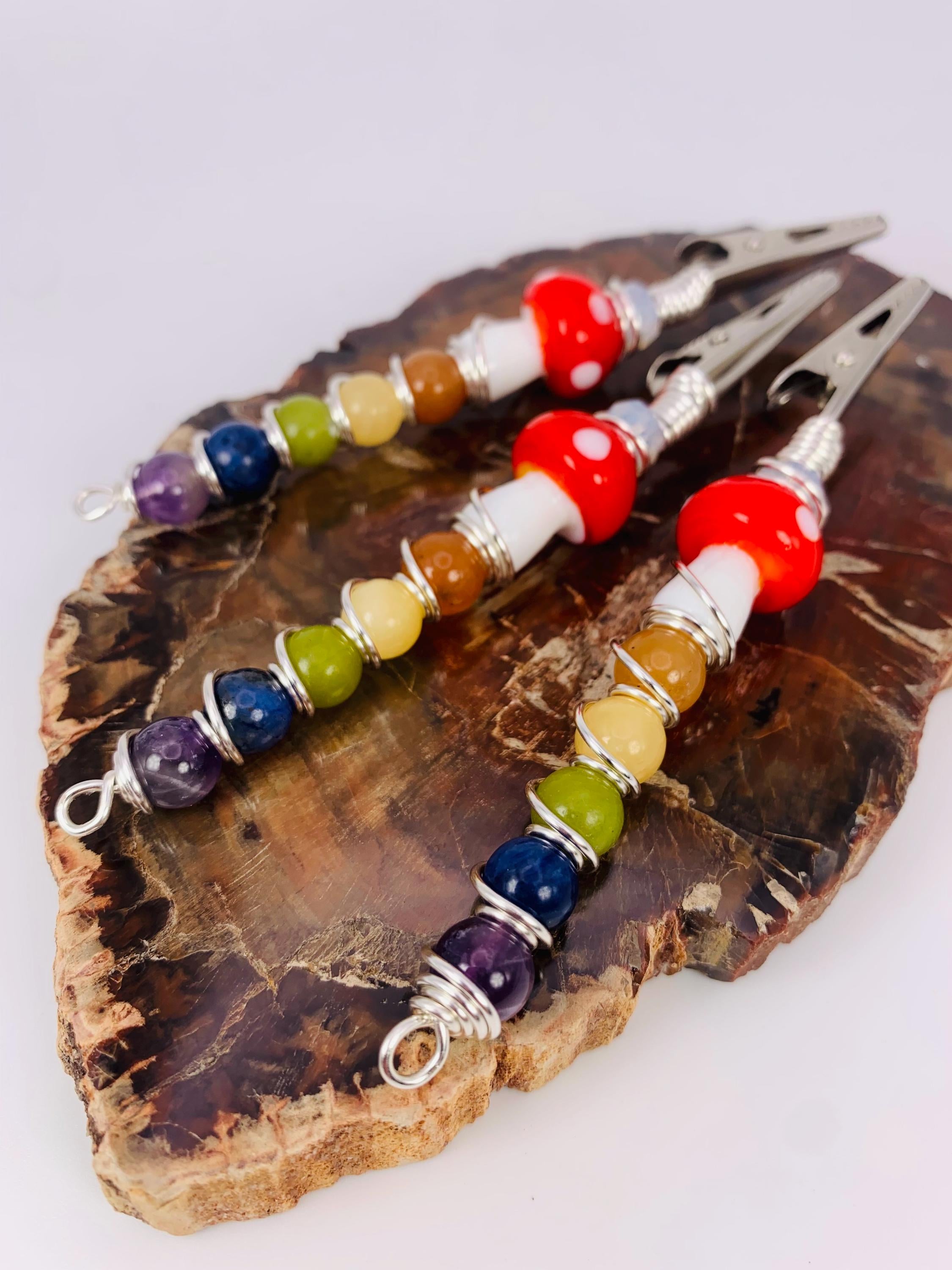 Crystal Rainbow Mushroom Smoke Clip; Opalite, Orange Aventurine, Yellow Jade, Green Jade, Sodalite, Amethyst