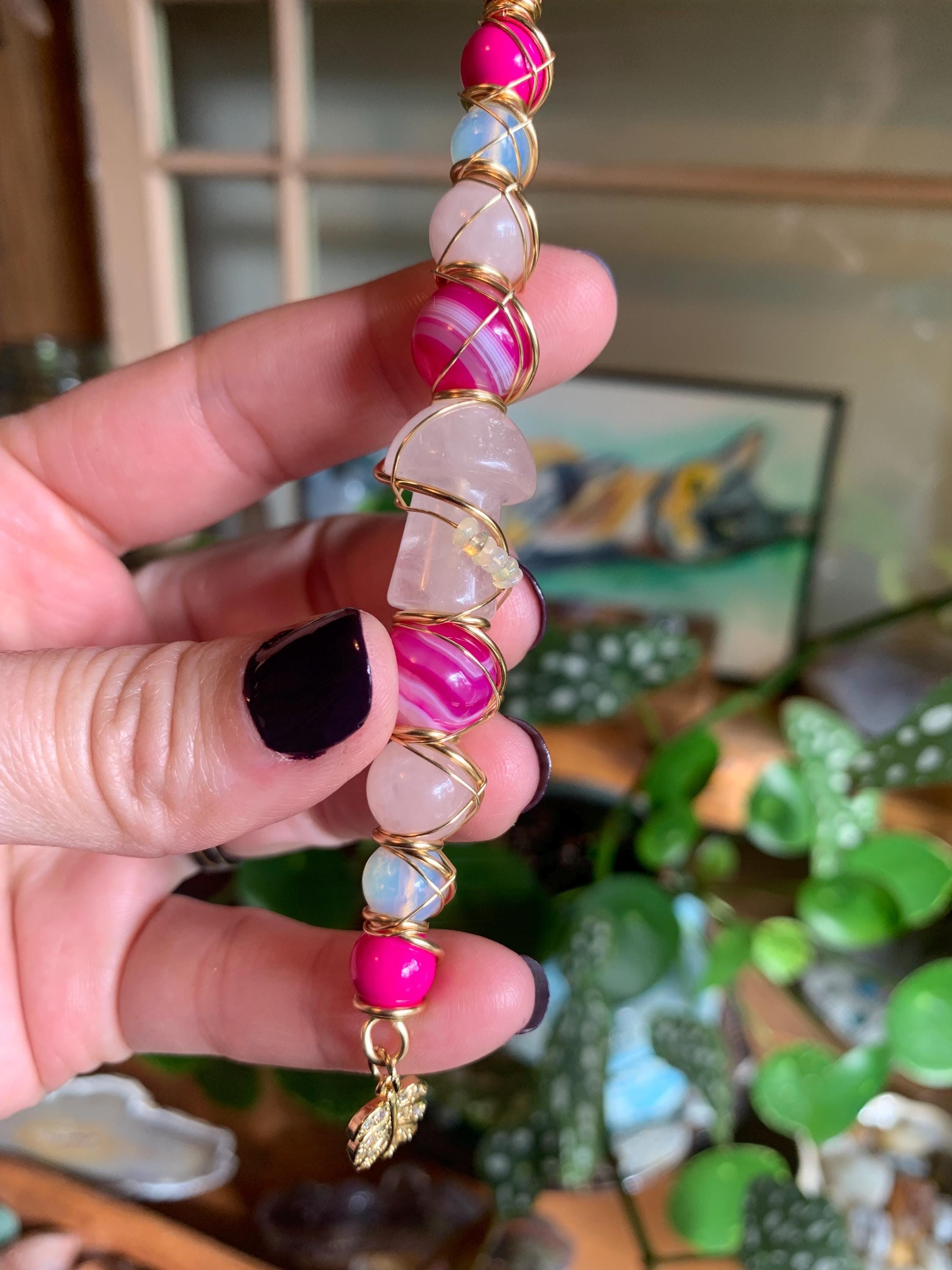 Crystal Smoking Clip, Rose Quartz mushroom, Opal, pink Botswana Agate, Rose quartz, Opalite, Monstera leaf, wire wrapped, gold, smoke clip