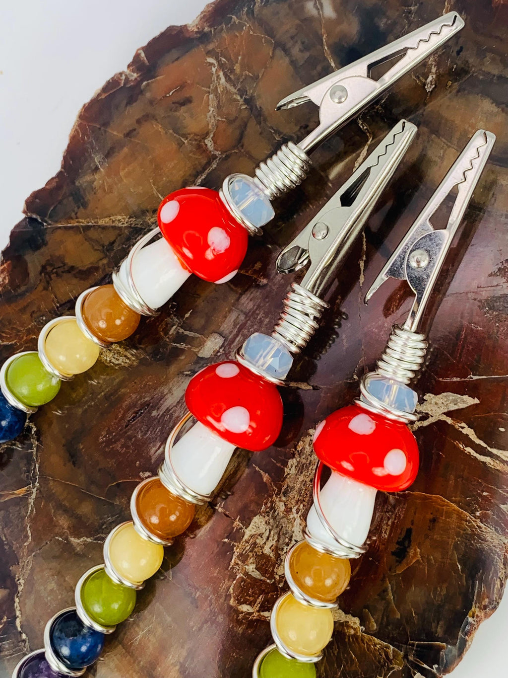 Crystal Rainbow Mushroom Smoke Clip; Opalite, Orange Aventurine, Yellow Jade, Green Jade, Sodalite, Amethyst