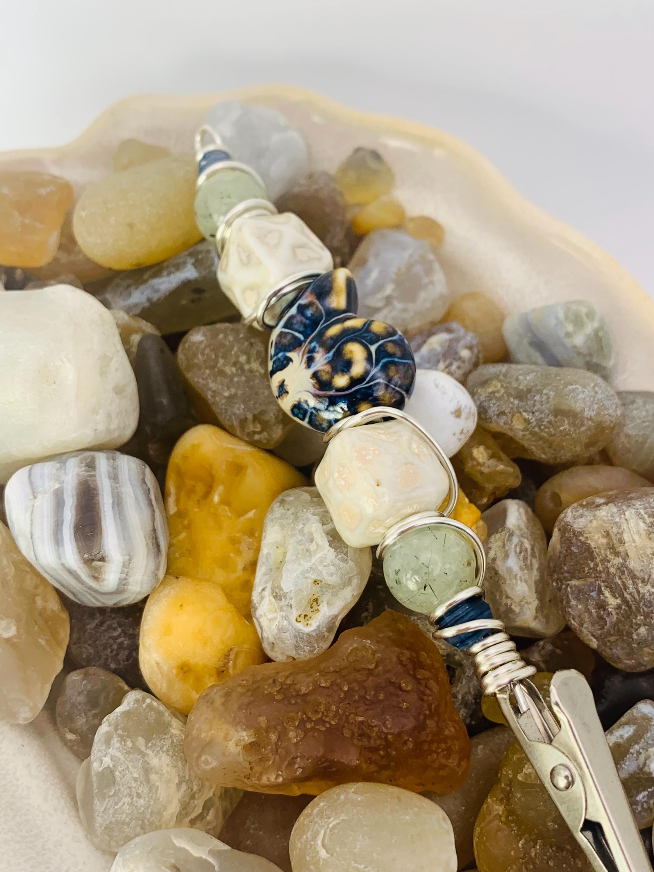 Crystal Smoke Clip, Ceramic Ammonite, Shell, Prehnite, Blue Kyanite,  Silver wire, smoking accessory, gifts for smokers, wire wrapped, ocean